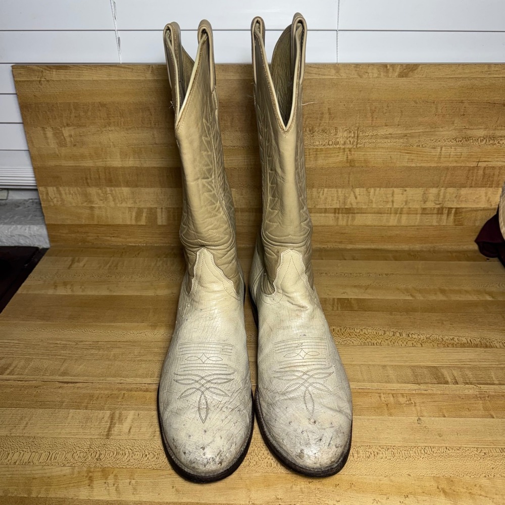 Tony Lama Mens 10 D Ostrich Leg Western Cowboy Boots Bone cream 8246 Vintage